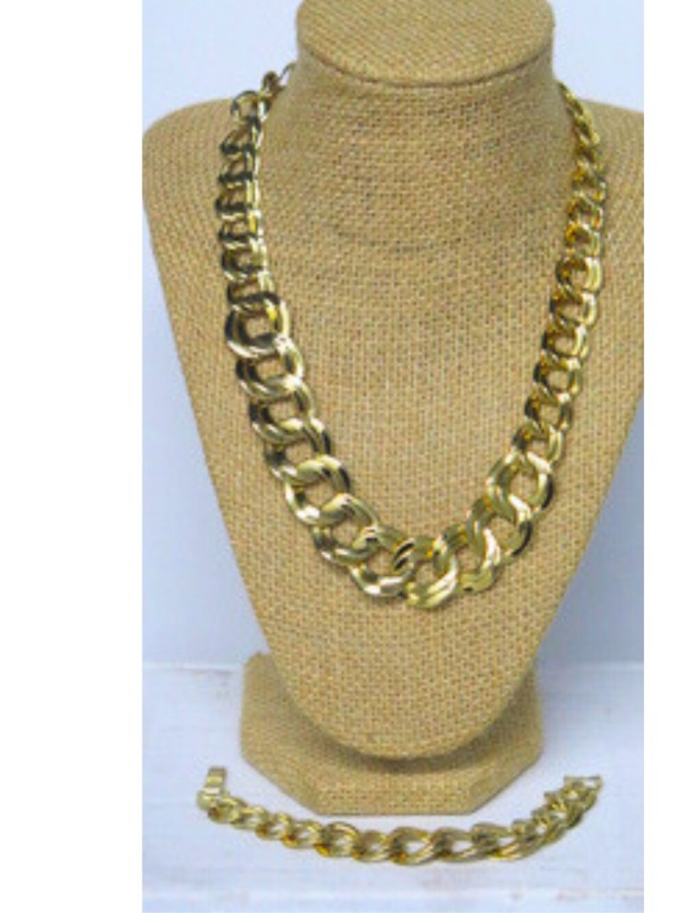 Gold Tone Chunky Curb Link Necklace Bracelet Set Bold Statement Estate Jewelry